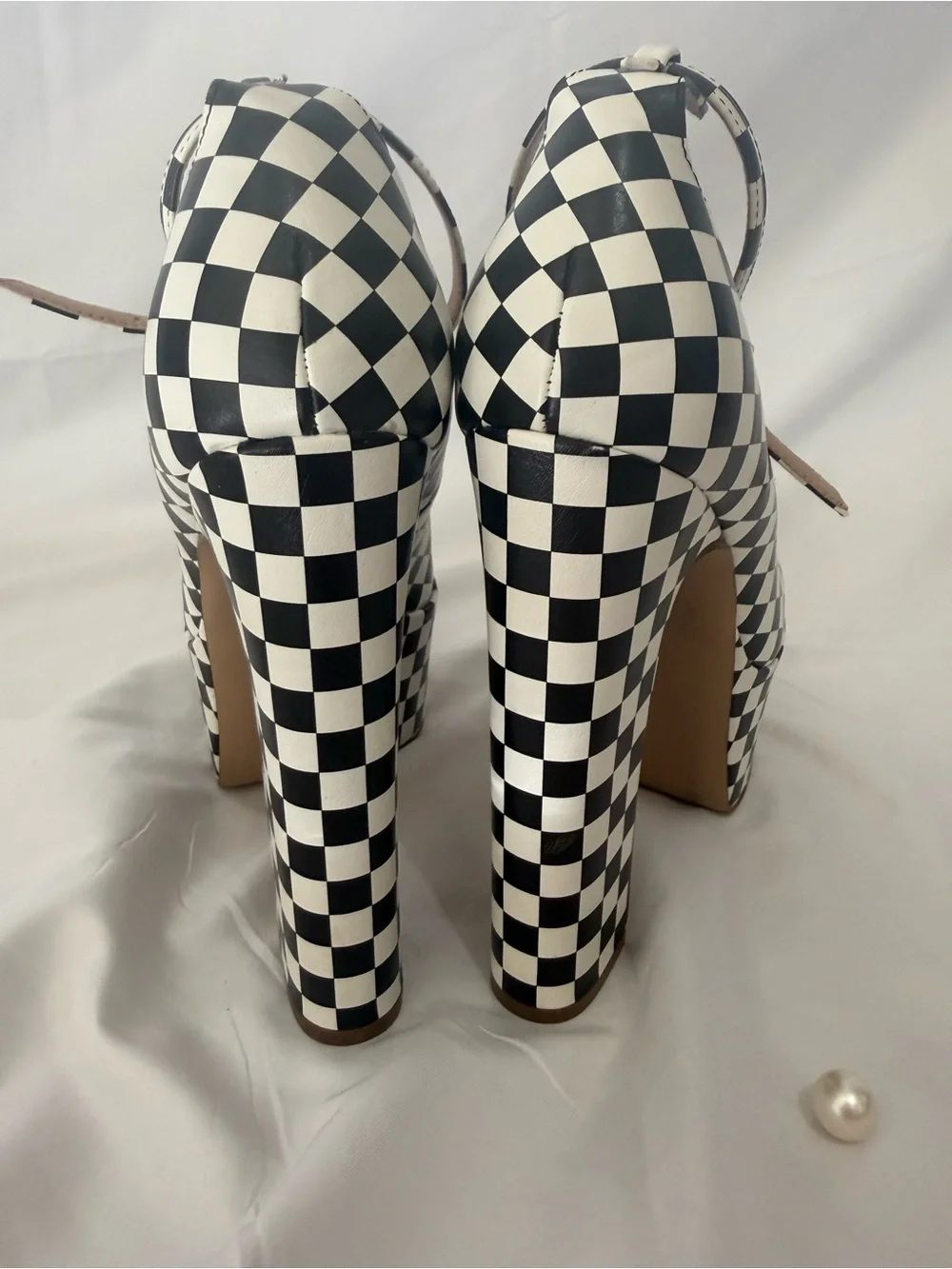 Steve Madden Black and White Checkerboard Platform Pumps with Ankle Strap